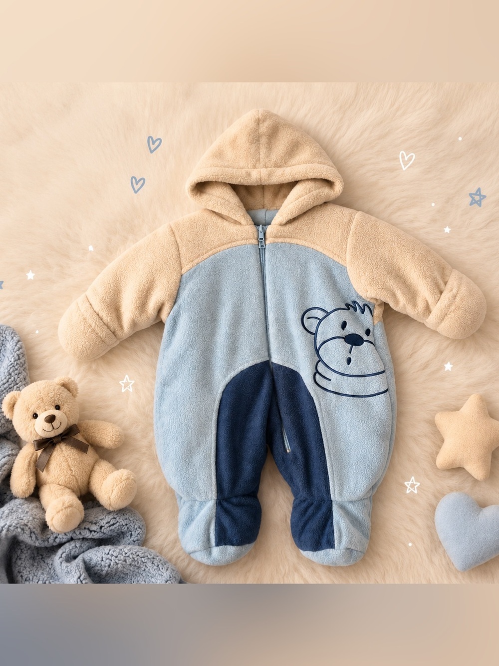 Baby Bell Blue Fleece Bunting Snowsuit 3M Hooded Bear One-Piece Winter Baby